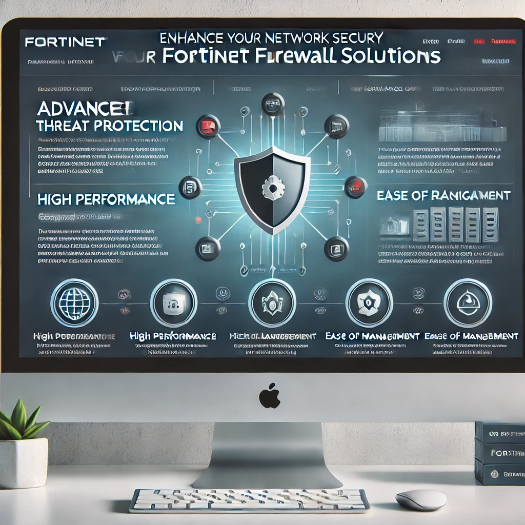 A professional webpage layout showcasing Fortinet Firewall Solutions, featuring a clean and modern design with sections for advanced threat protection, high performance, scalability, ease of management, and compliance and regulation. It includes detailed descriptions of FortiGate Next-Generation Firewalls, FortiAnalyzer, FortiManager, and FortiSandbox, along with a call-to-action section at the bottom with contact information.