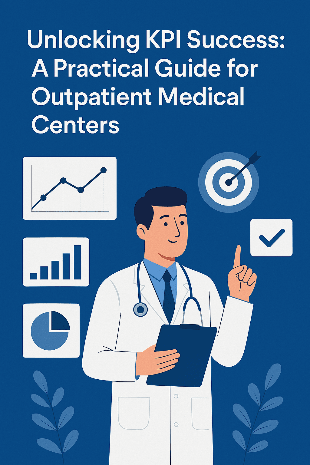 Illustration of a healthcare professional managing KPI checklists with charts, gears, and a target icon symbolizing outpatient medical center performance.